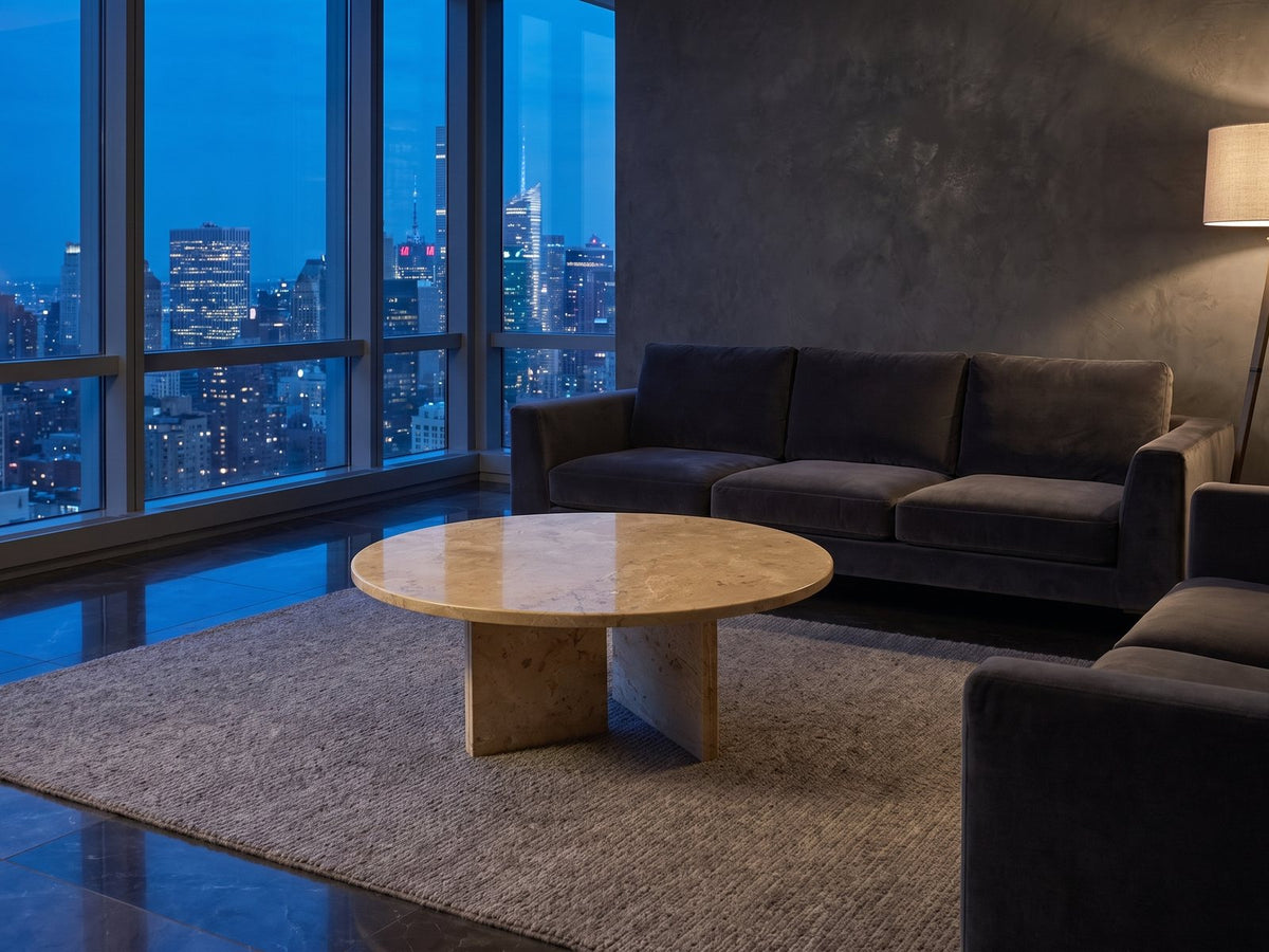 Salina Gold Beige Marble Coffee Table on a wool rug in front of a velvet sofa in a city penthouse at blue hour
