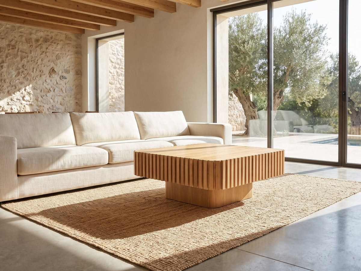 Saluzzo 35-Inch Square Slatted Natural Wood Veneer Coffee Table on a jute rug in front of a linen sofa in a poolside villa
