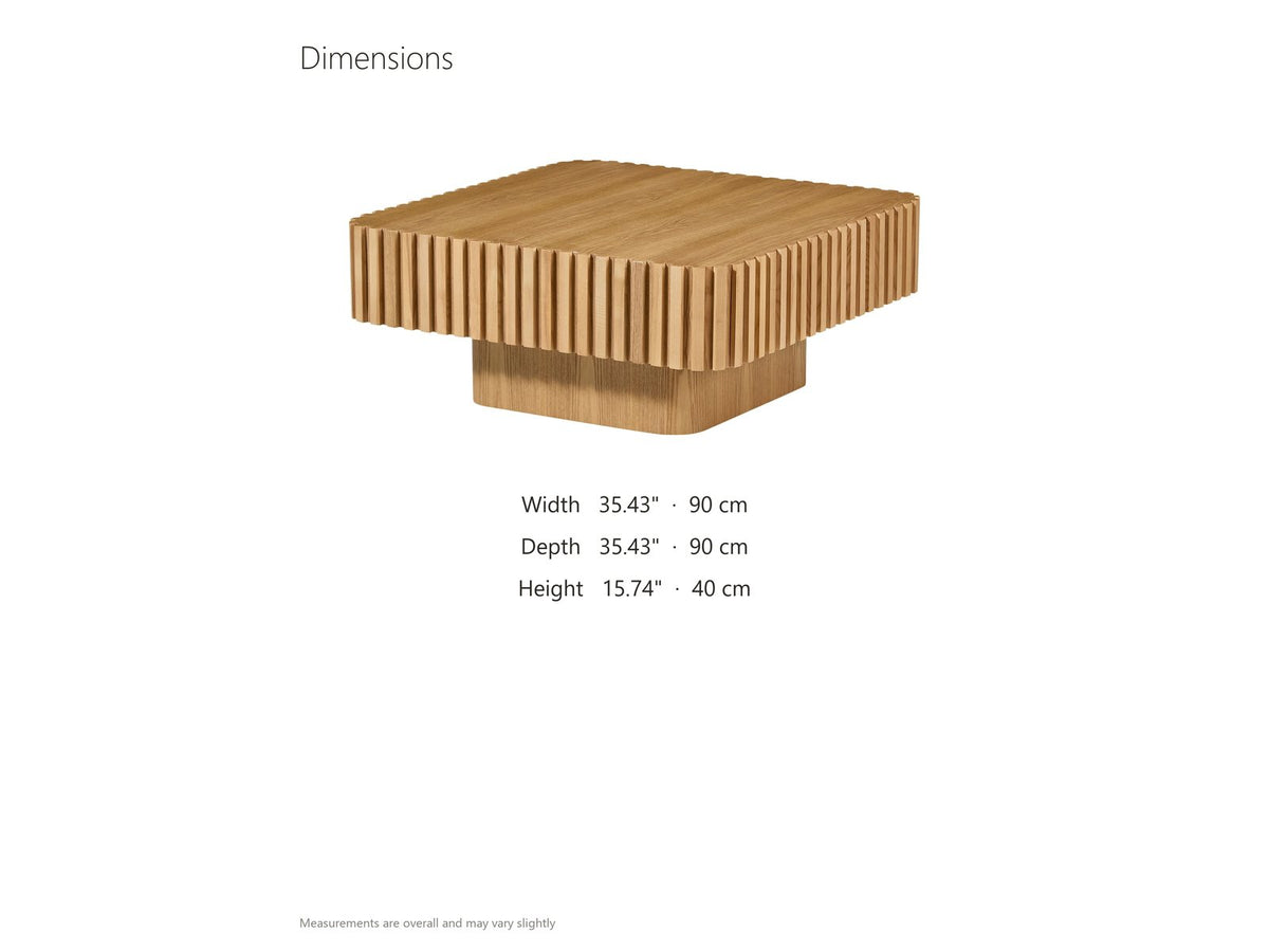 Saluzzo 35-Inch Square Slatted Natural Wood Veneer Coffee Table dimensions: 35.43 in wide, 35.43 in deep, 15.74 in high