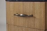 The upper drawer of the Samassi nightstand: a long bronze-finish bar pull with a diamond at its centre on striped eucalyptus veneer