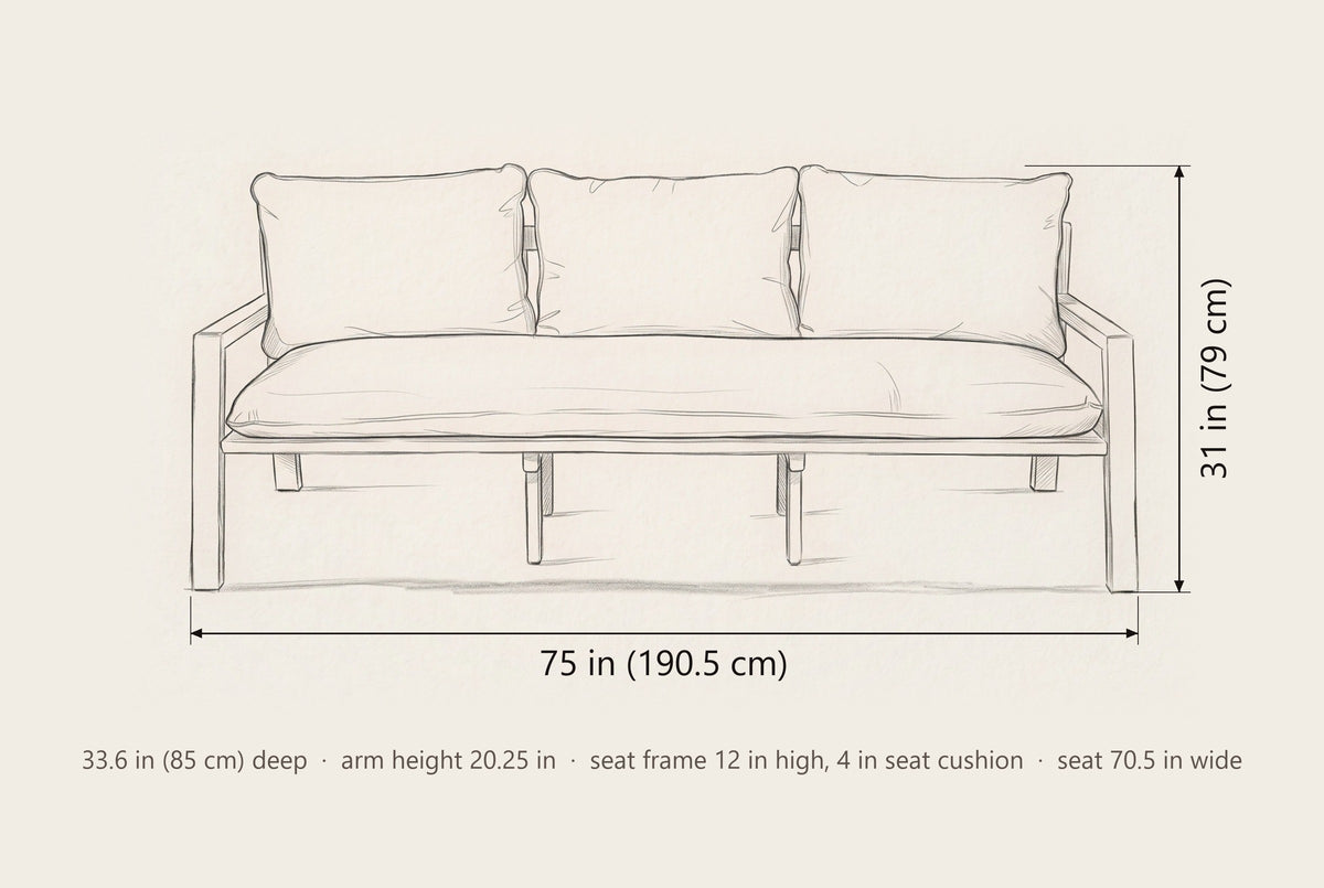 Sambuca sofa dimensions: 75 in wide, 31 in high, 33.6 in deep, arm height 20.25 in