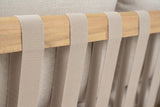 Close-up of the light taupe woven straps wrapped over the light teak acacia top rail of the Sambuca sofa