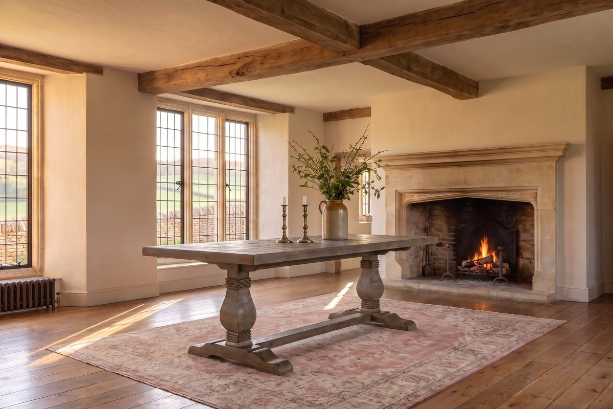 Sangineto 78-Inch Rectangular Reclaimed Pine Trestle Dining Table in an English country dining room