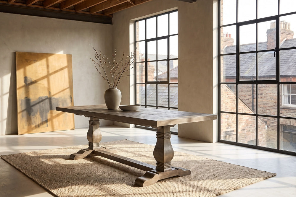 Sangineto 78-Inch Rectangular Reclaimed Pine Trestle Dining Table in a city loft