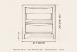 Sanluri nightstand dimensions: 27 in wide, 26.5 in high, 18 in deep, legs 4.5 in