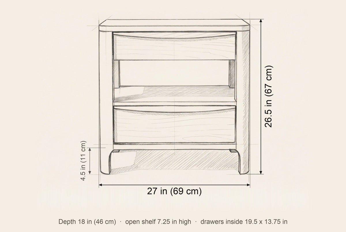 Sanluri nightstand dimensions: 27 in wide, 26.5 in high, 18 in deep, legs 4.5 in