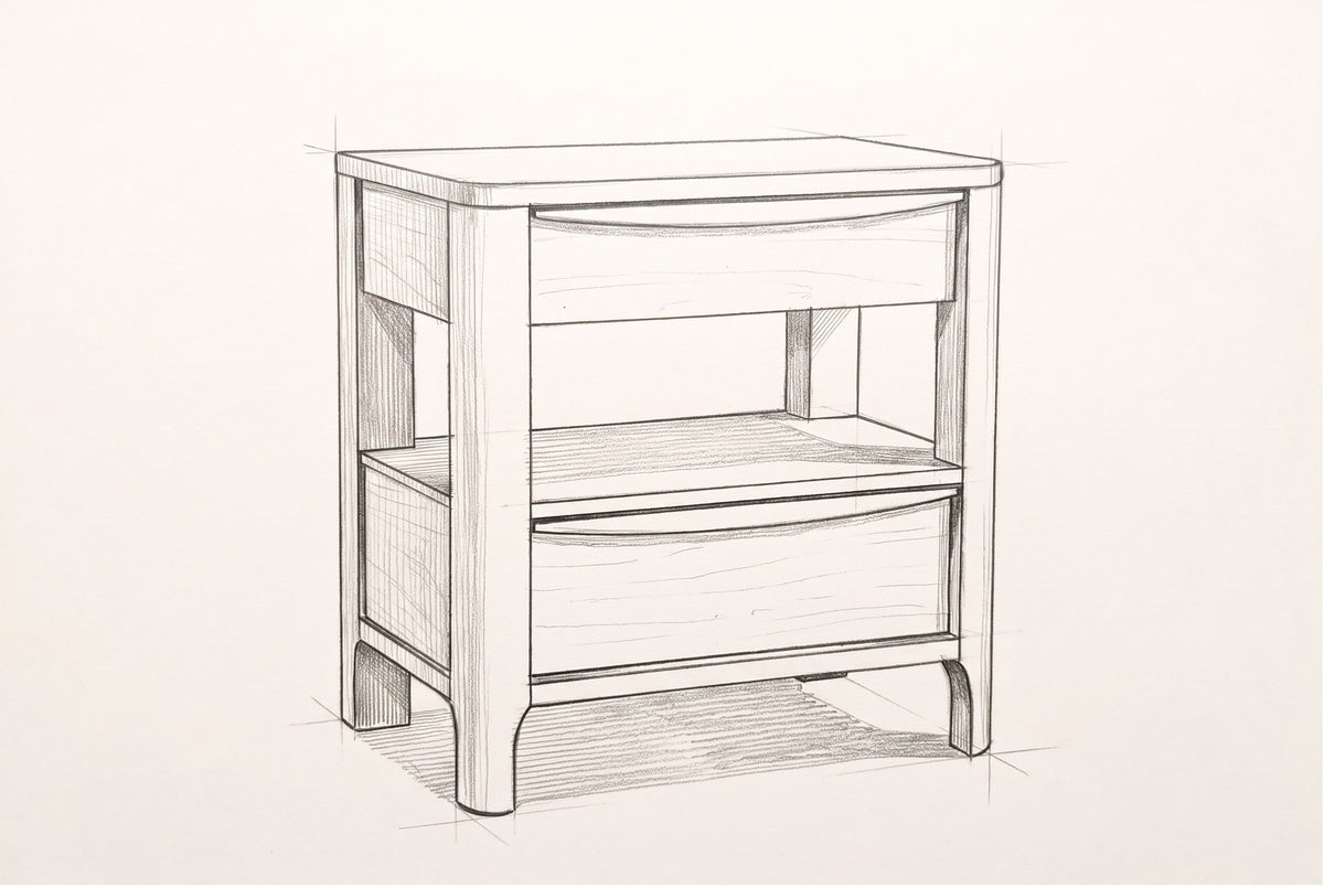 Pencil sketch of the Sanluri nightstand, drawn from the same three-quarter view