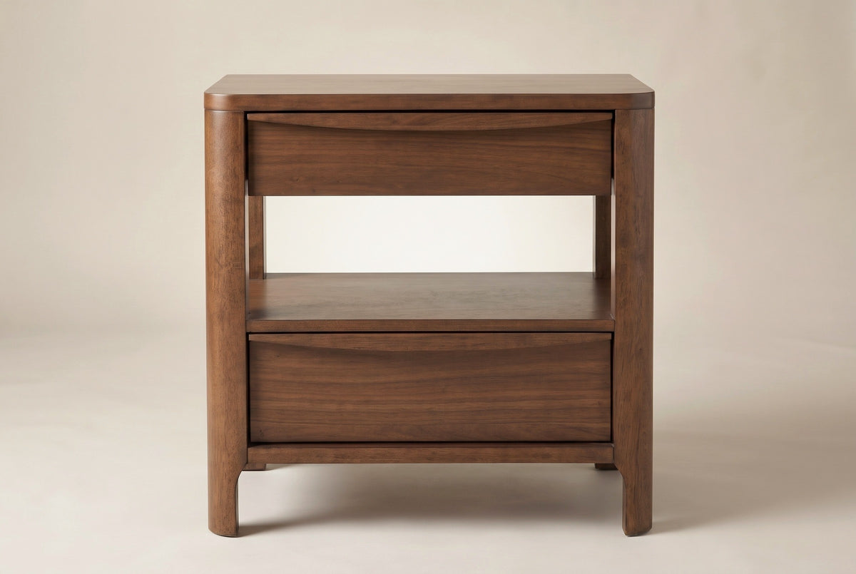 The Sanluri nightstand in walnut veneer, front view on a light studio backdrop