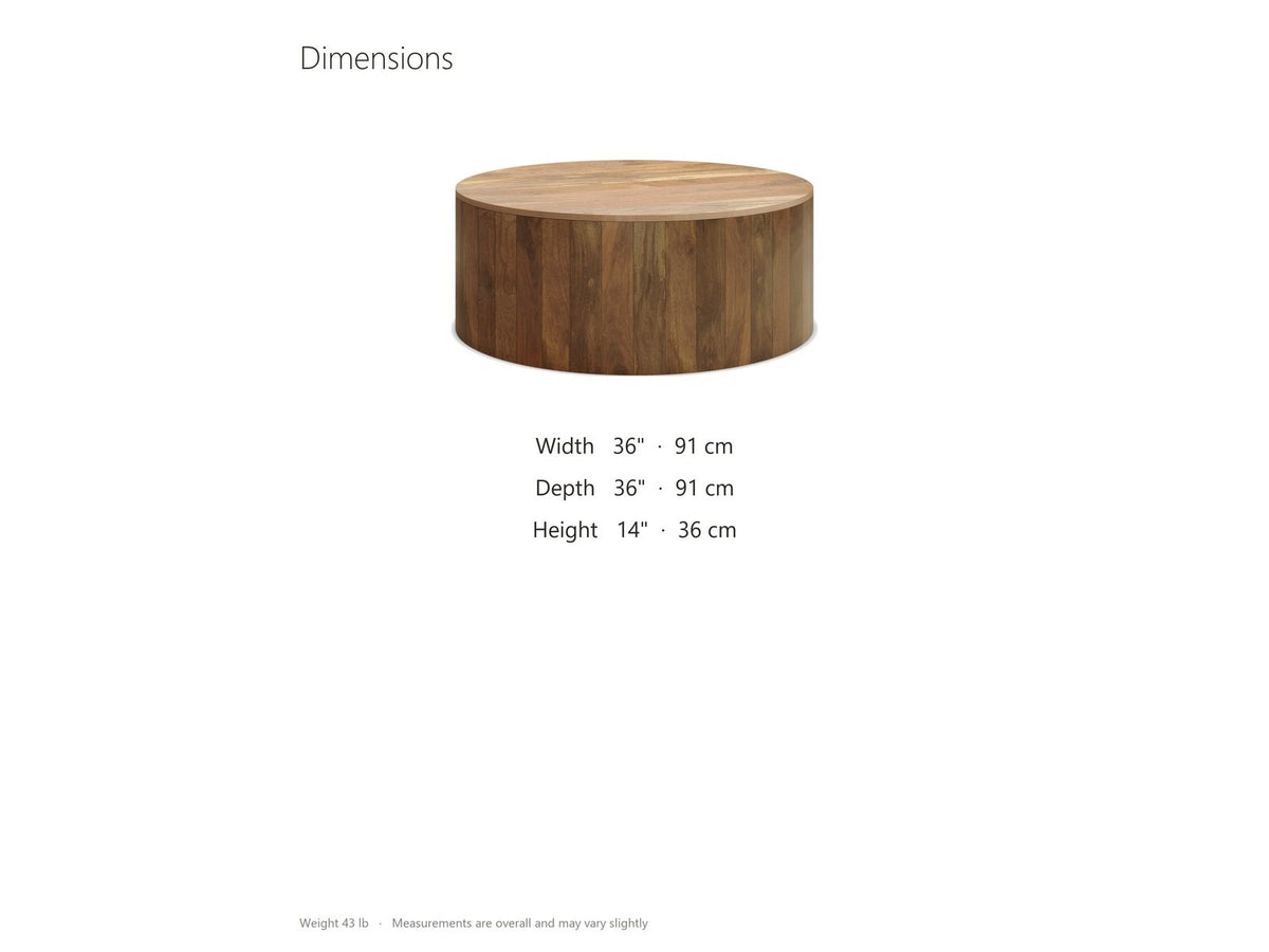 Sansepolcro Natural Mango Drum Coffee Table dimensions: 36.0 in wide, 36.0 in deep, 14.0 in high