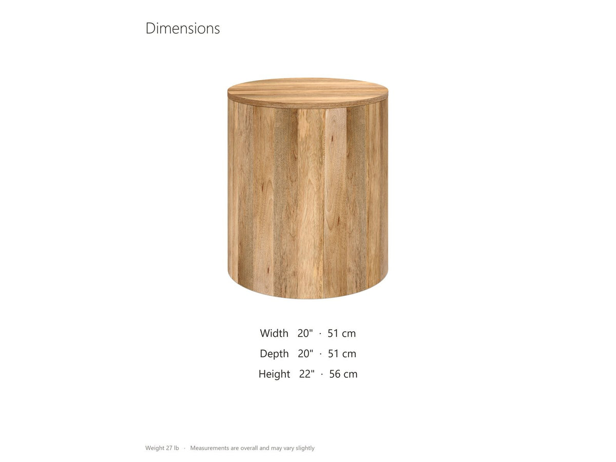 Sansepolcro Natural Mango Drum Side Table dimensions: 20.0 in wide, 20.0 in deep, 22.0 in high