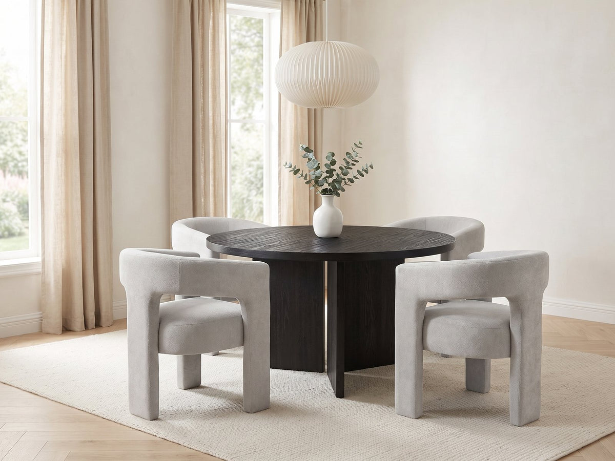 Saracena 54-Inch Round Ebony Oak Dining Set with 4 Boucle Chairs in a bright plaster dining room with linen curtains