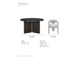 Saracena 54-Inch Round Ebony Oak Dining Set with 4 Boucle Chairs dimensions: table 54 in across and 30.5 in high; each chair 24 in wide, 23 in deep and 29.5 in high, seat 20.5 in high