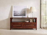 Sarzana 47-Inch Winewood Solid Mango Arched Media Console styled with a leaning print, a lamp and ceramics in a bright plaster room