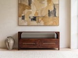 Sarzana 47-Inch Winewood Solid Mango Arched Media Console under a large abstract painting in a bright living room