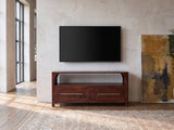 Sarzana 47-Inch Winewood Solid Mango Arched Media Console under a wall-mounted screen in an industrial loft