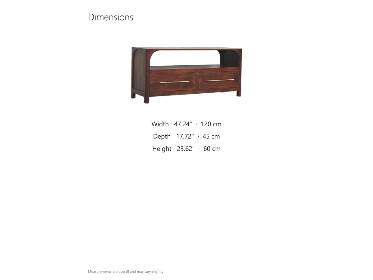 Sarzana 47-Inch Winewood Solid Mango Arched Media Console dimensions: 47.24 in wide, 17.72 in deep, 23.62 in high