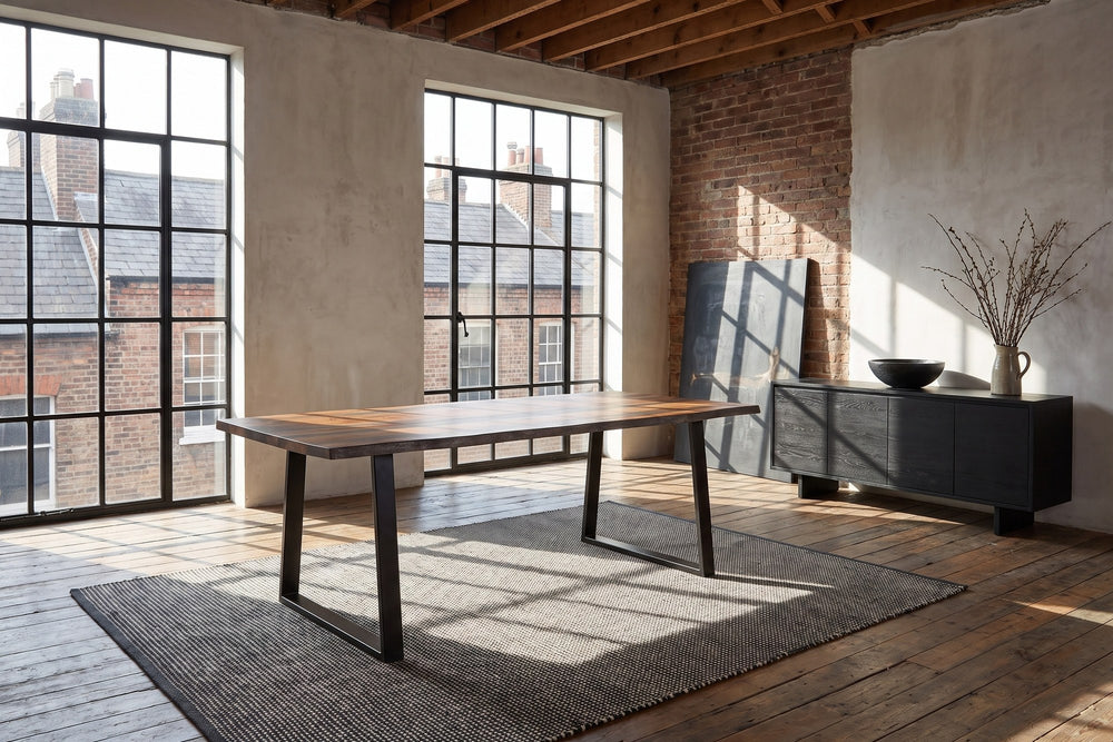 Satriano 80-Inch Live-Edge Rectangular Solid Sheesham Dining Table in a city loft