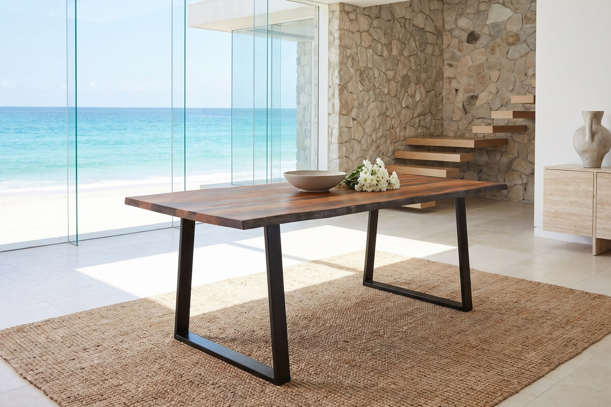 Satriano 80-Inch Live-Edge Rectangular Solid Sheesham Dining Table in an oceanfront glass house