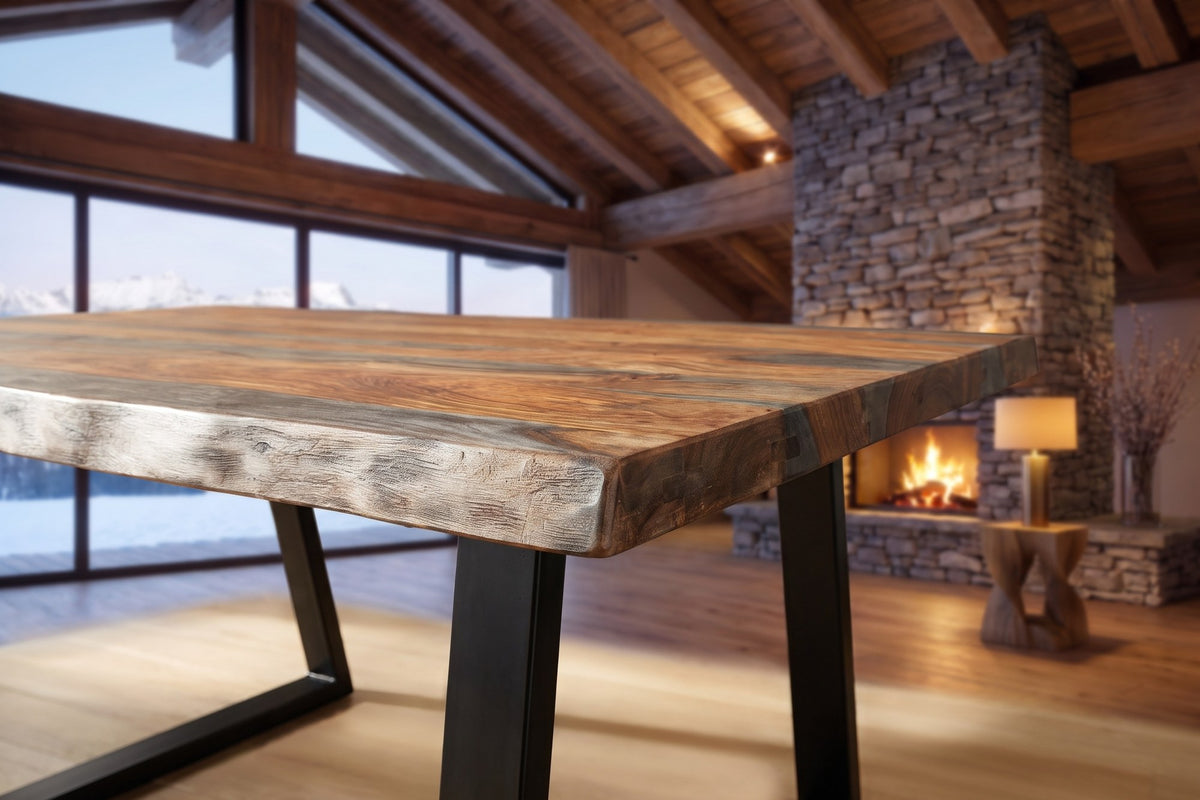 Close-up of the Satriano 80-Inch Live-Edge Rectangular Solid Sheesham Dining Table: edge