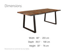 Satriano 80-Inch Live-Edge Rectangular Solid Sheesham Dining Table dimensions