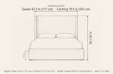 Scanno bed dimensions: headboard width 67.3 in Queen and 79.5 in California King, headboard height 54 in Queen and 52 in California King, length 85.8 in and 89 in, base 11 in high