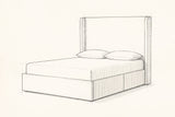 Pencil sketch of the Scanno bed with a mattress and two pillows, drawn from the same three-quarter view