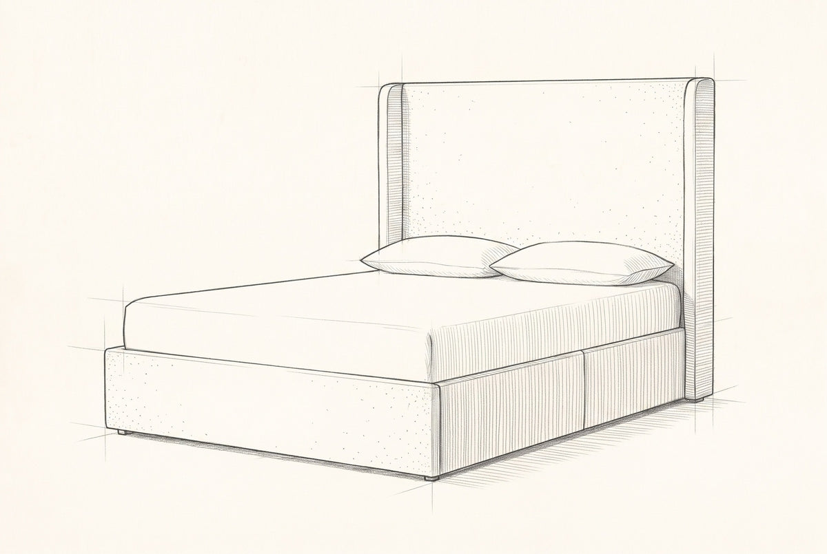 Pencil sketch of the Scanno bed with a mattress and two pillows, drawn from the same three-quarter view