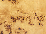 Close-up of the Scapoli Burl Veneer Oval Pillar Side Table: the natural burl veneer of the oval top