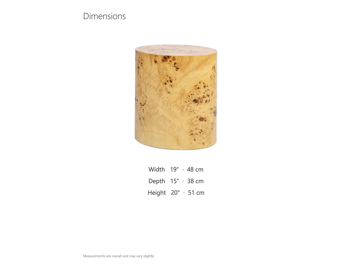 Scapoli Burl Veneer Oval Pillar Side Table dimensions: 19.0 in wide, 15.0 in deep, 20.0 in high