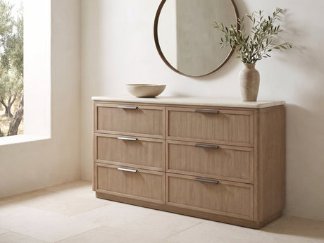 Schio 66.5-Inch Toffee 6-Drawer Dresser under a round bronze mirror in a villa bedroom