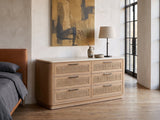Schio 66.5-Inch Toffee 6-Drawer Dresser against a plaster wall in an industrial loft bedroom