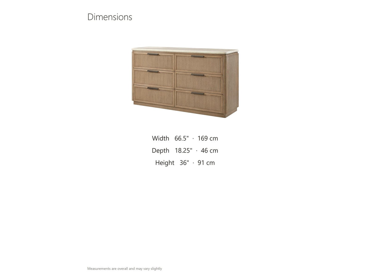 Schio 66.5-Inch Toffee 6-Drawer Dresser dimensions: 66.5 in wide, 18.25 in deep, 36.0 in high