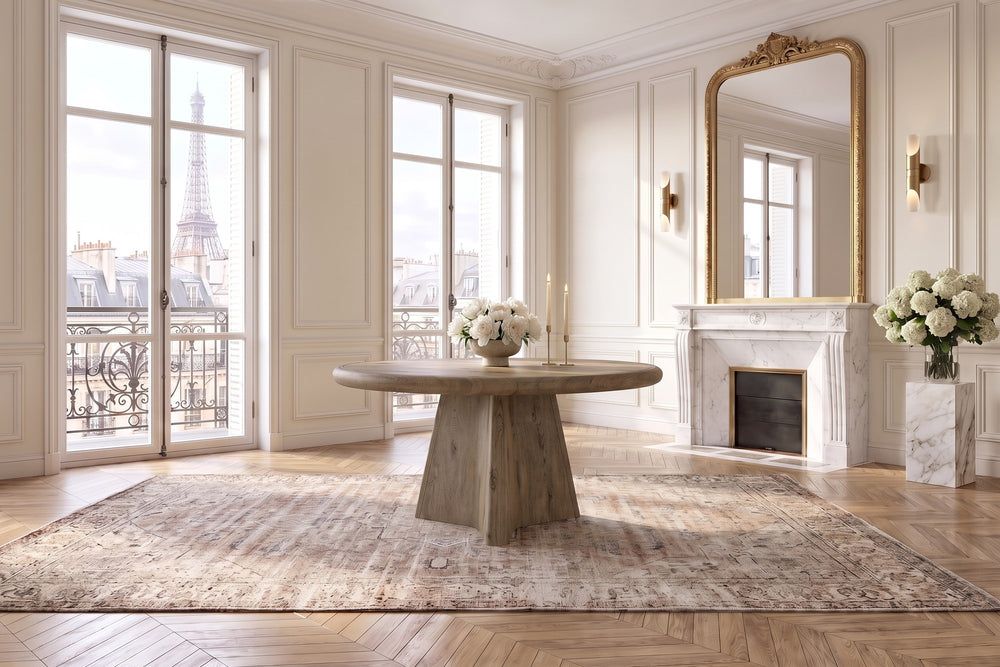 Scigliano 60-Inch Round Knotty Oak Veneer Pedestal Dining Table in a Paris salon