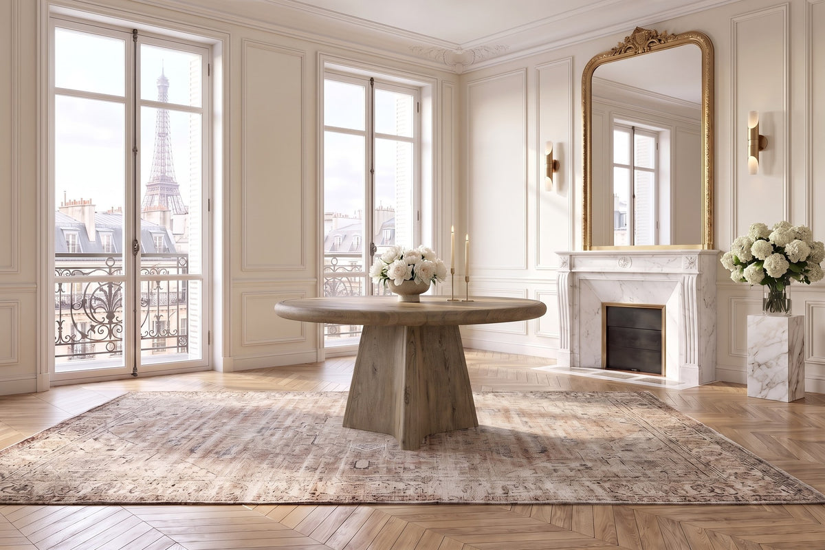 Scigliano 60-Inch Round Knotty Oak Veneer Pedestal Dining Table in a Paris salon
