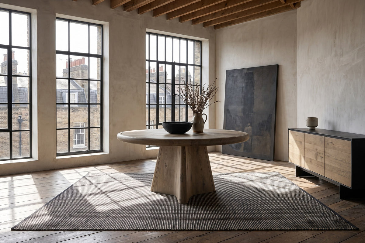 Scigliano 60-Inch Round Knotty Oak Veneer Pedestal Dining Table in a city loft