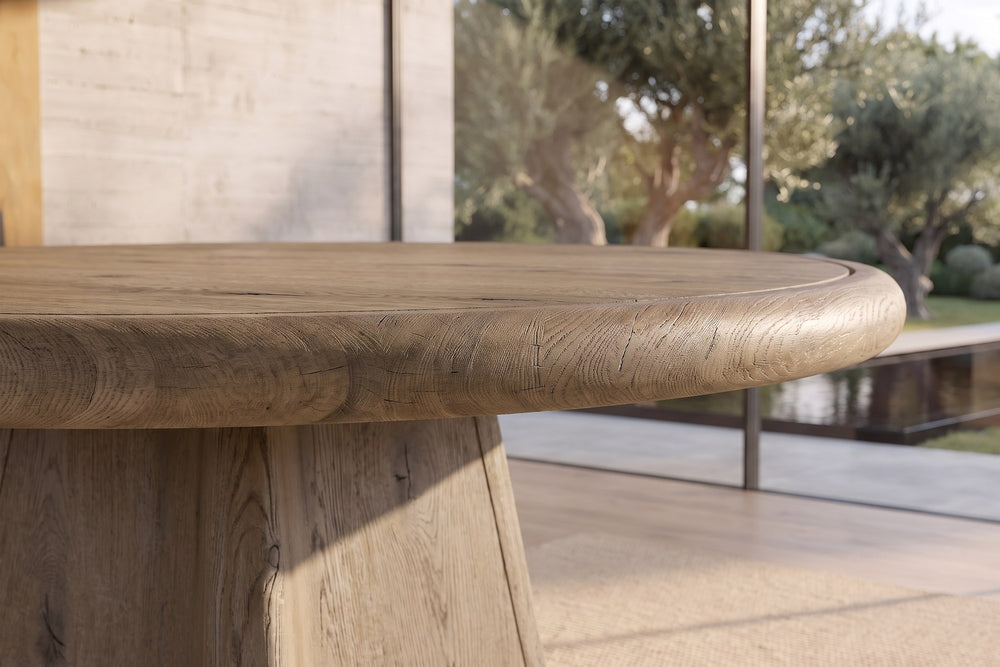 Close-up of the Scigliano 60-Inch Round Knotty Oak Veneer Pedestal Dining Table: edge