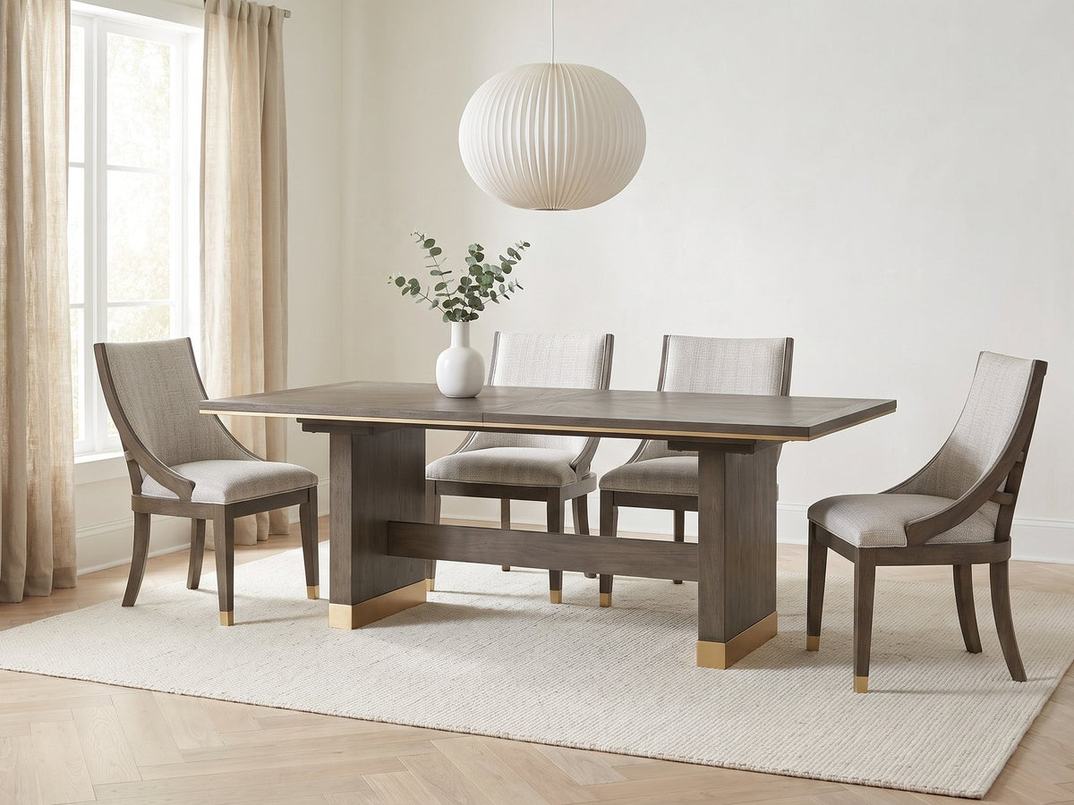 Scilla 75.5 to 95.5-Inch Sunburst Oak Extending Dining Set with 4 Armchairs in a bright plaster dining room with linen curtains