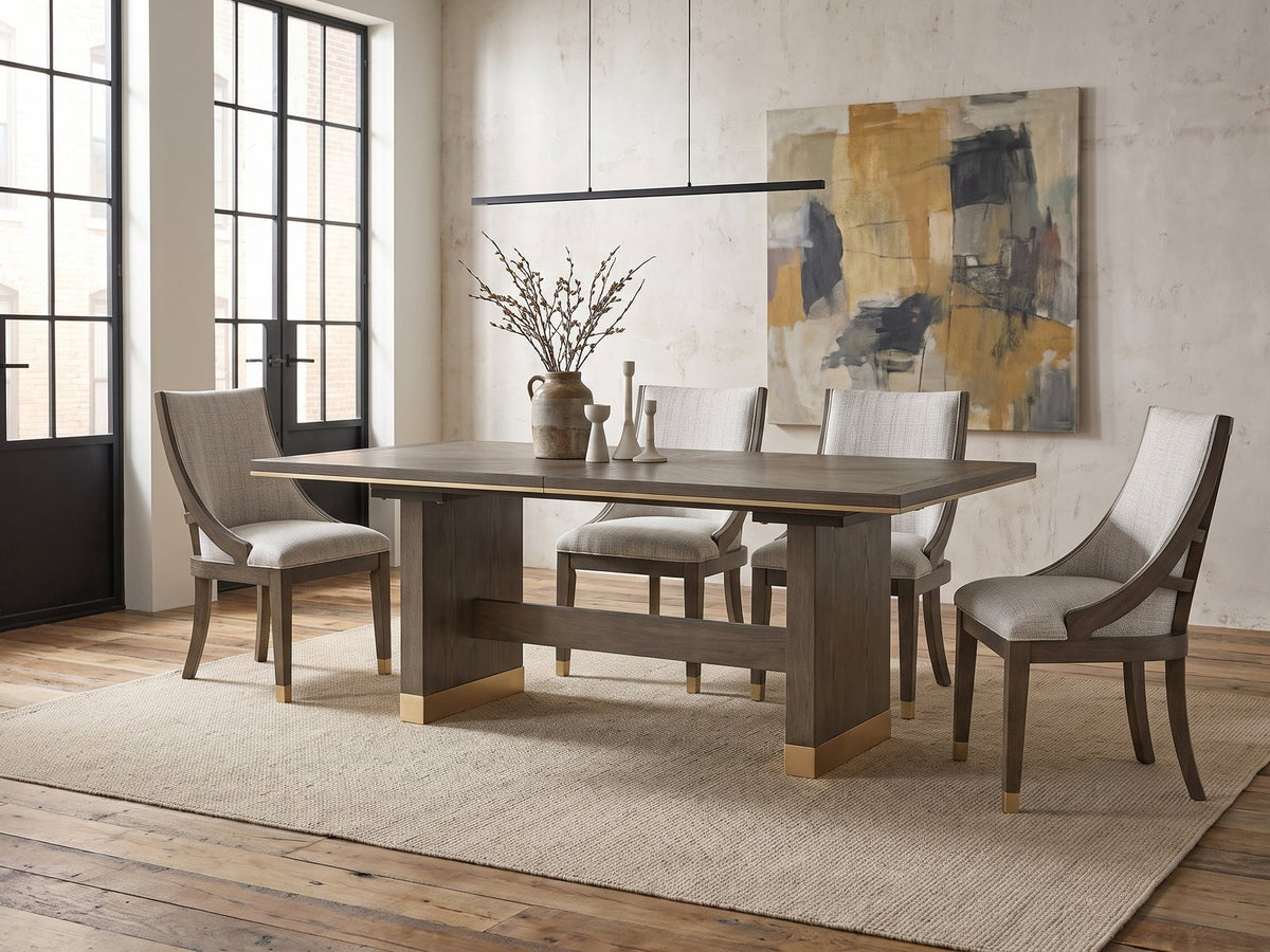 Scilla 75.5 to 95.5-Inch Sunburst Oak Extending Dining Set with 4 Armchairs in an industrial loft dining area