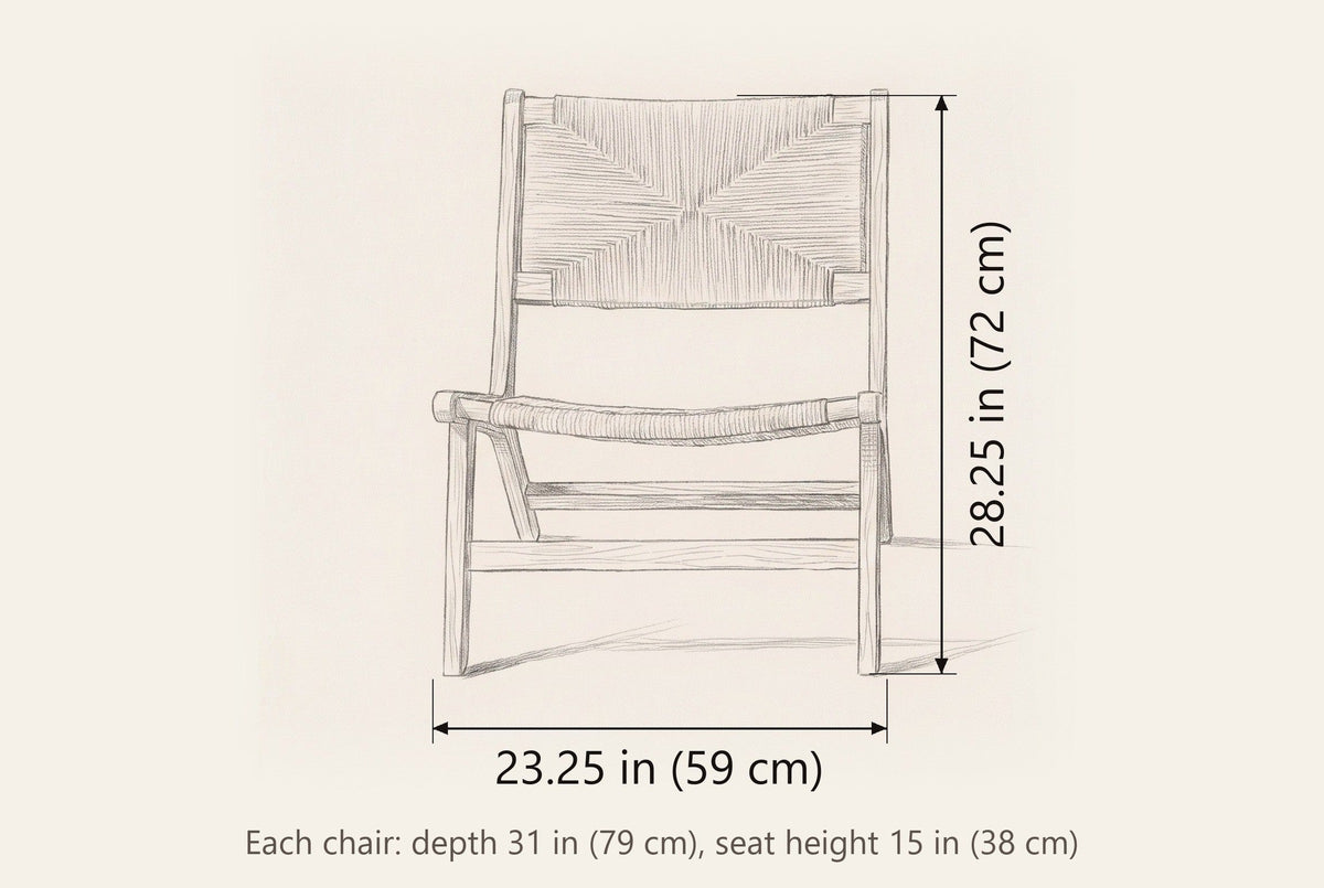 Scopello lounge chair dimensions: 23.25 in wide, 28.25 in high, 31 in deep, seat height 15 in (per chair)