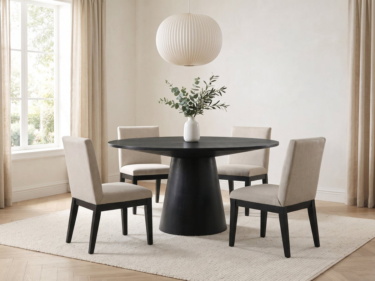 Sellia 59-Inch Round Ebony Cone Pedestal Dining Set with 4 Chairs in a bright plaster dining room with linen curtains