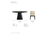 Sellia 59-Inch Round Ebony Cone Pedestal Dining Set with 4 Chairs dimensions: table 59 in across and 31 in high; each chair 19 in wide, 22.5 in deep and 34 in high