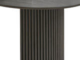 Close-up of the Seminara 80-Inch Oval Fluted Pedestal Dining Set with 6 Chairs: a half-round pedestal wrapped in rounded reeds under the slim grey oak veneer top
