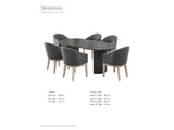 Seminara 80-Inch Oval Fluted Pedestal Dining Set with 6 Chairs dimensions: table 80 in long, 40 in wide and 30 in high; each chair seat 19 in wide, 17 in deep and 18 in high, arms 24 in high