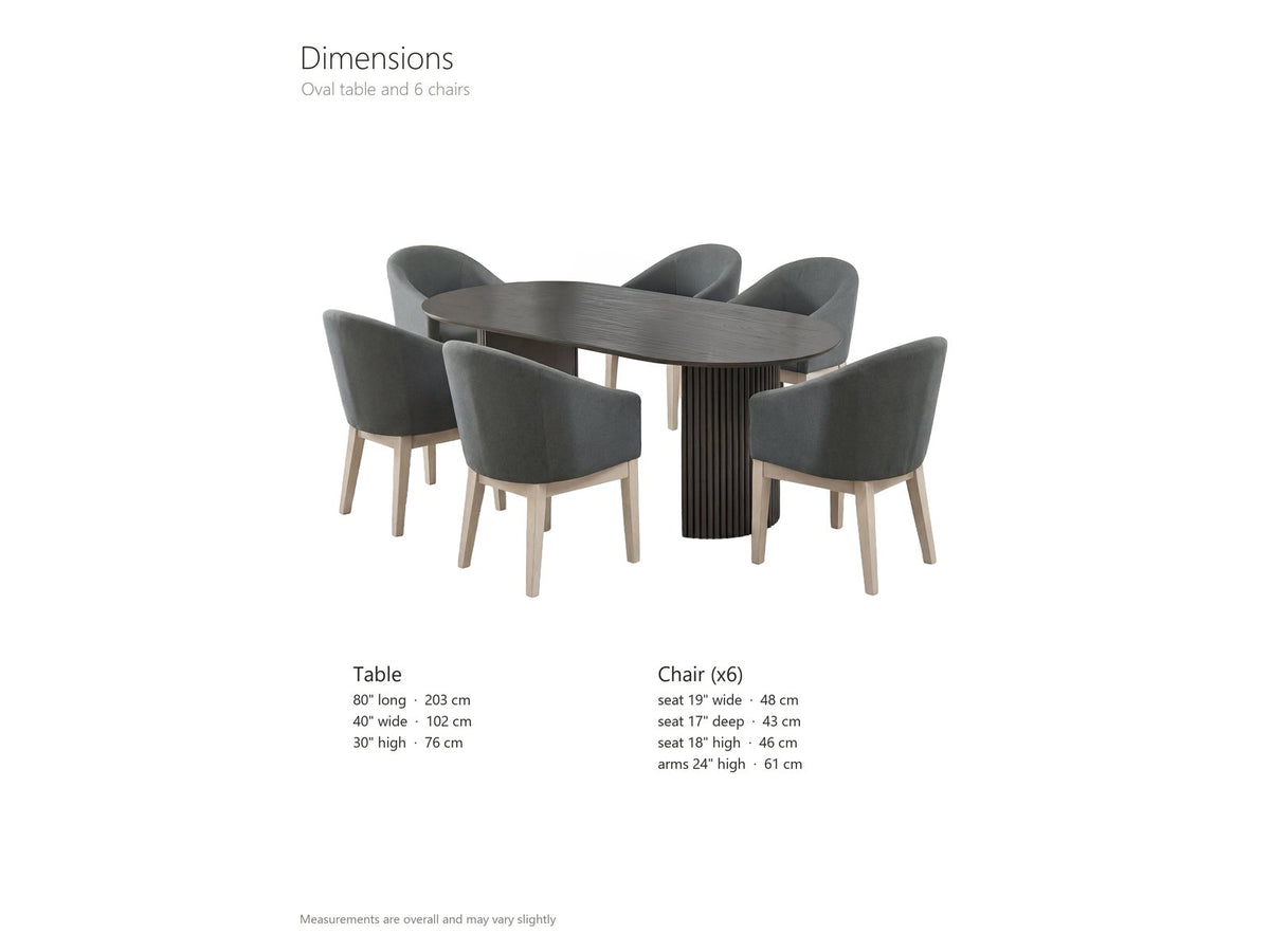Seminara 80-Inch Oval Fluted Pedestal Dining Set with 6 Chairs dimensions: table 80 in long, 40 in wide and 30 in high; each chair seat 19 in wide, 17 in deep and 18 in high, arms 24 in high