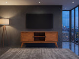 Senigallia Low Mid-Century Media Console under a wall-mounted screen in a city penthouse at blue hour