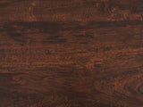 Close-up of the Senise Walnut Mango Fluted Drum Side Table: the walnut-brown mango grain of the top