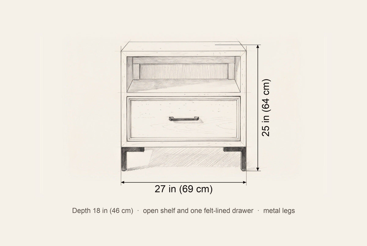 Sennori nightstand dimensions: 27 in wide, 25 in high, 18 in deep