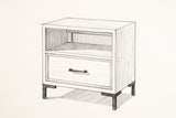Pencil sketch of the Sennori nightstand, drawn from the same three-quarter view