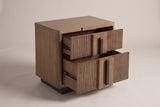 The Senorbi nightstand with both reeded drawers pulled out on black metal extension glides, the top drawer lined in dark brown