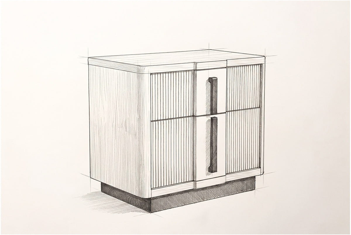 Pencil sketch of the Senorbi nightstand, drawn from the same three-quarter view